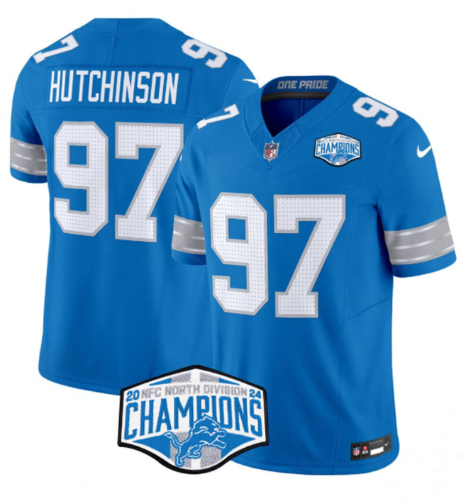 Men's Detroit Lions #97 Aidan Hutchinson Blue 2024 NFC North Champions F.U.S.E. Vapor Limited Stitched Jersey Men's Detroit Lions #97 Aidan Hutchinson Blue 2024 NFC North Champions F.U.S.E. Vapor Limited Stitched Jersey